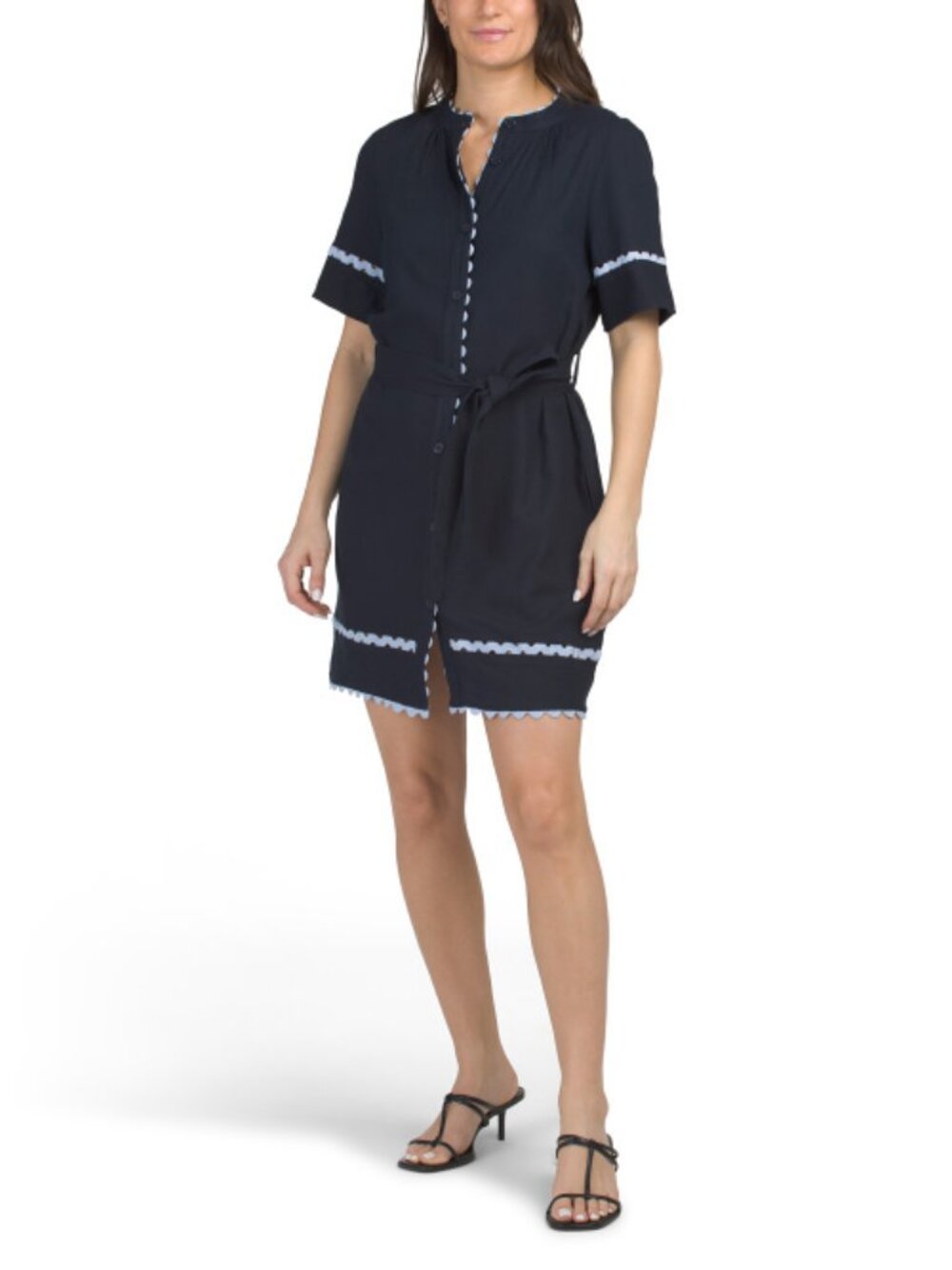 ELLEN TRACY Linen Blend Short Sleeve Mini Shirt Dress With Ric Rac Trim